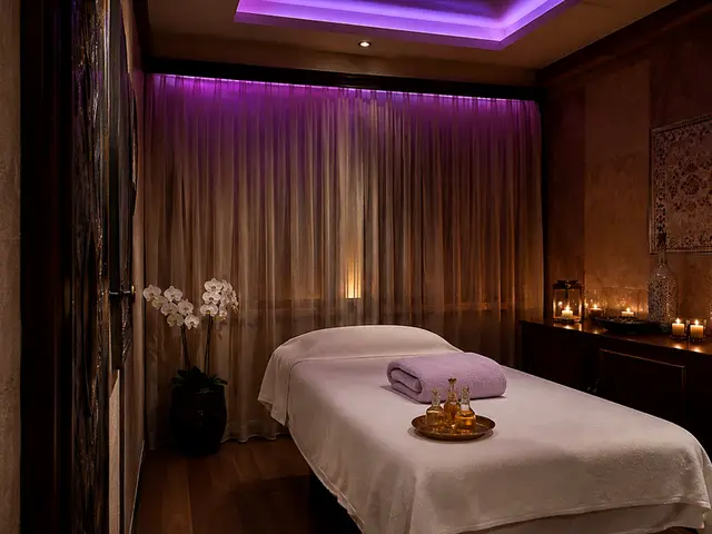 Mor ışıklı, mumlarla hazırlanmış masaj odası — Bahçeşehir, Masaj Salonun